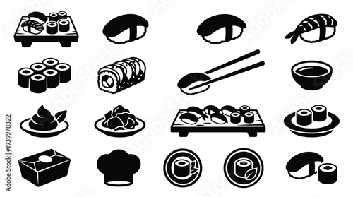 A collection of black and white icons representing various types of sushi, rolls, and Japanese food accompaniments.