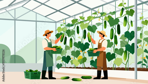 Two farmers harvest cucumbers in a bright greenhouse. They smile, pleased with their crop. Green vines hang low, dripping with fruit. Cucumbers lie stacked nearby in crates
