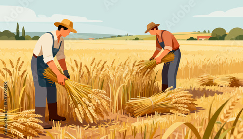 Two farmers harvest golden wheat in a vast field. They bend low, working in unison, focused on the task. Sunlight bathes the field, casting warm, golden tones. Their tools rest beside them