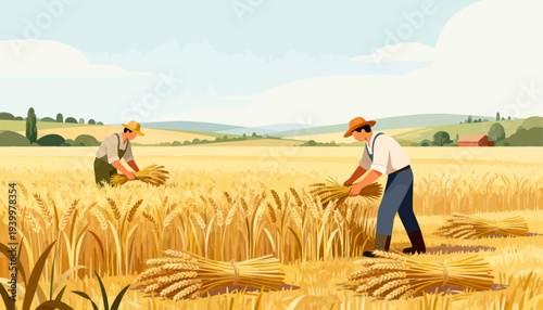 Golden field stretches under soft blue sky. Two farmers work diligently, harvesting wheat. Their focused effort shows quiet dedication. Sunlit rows glow warm against distant hills