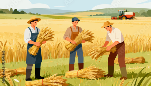Three farmers gather golden wheat in a vast, sunlit field. They wear hats and overalls, smiling as they bundle crops. Each holds a harvest sheaf, ready for transport
