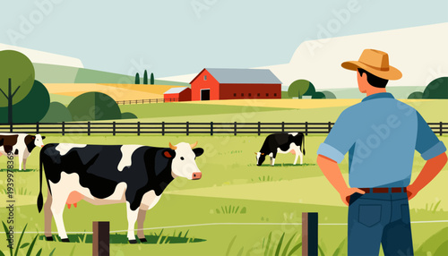 Farmer watches cows grazing peacefully. Pasture stretches wide with red barn in distance. Cows stand calmly, one facing viewer. Man wears hat and blue shirt, hands on hips