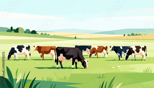 Cows graze peacefully in a sunlit pasture. Green fields stretch beneath a soft, blue sky. Distant hills frame the tranquil countryside. Animals move slowly, heads lowered to eat grass