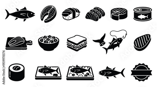 Collection of black and white icons representing various fish and seafood dishes, including whole fish, steaks, sushi, canned fish, and prepared meals.