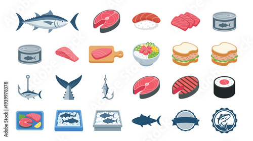 A vibrant collection of tuna-related illustrations, showcasing the fish in various forms from whole to processed and prepared dishes.