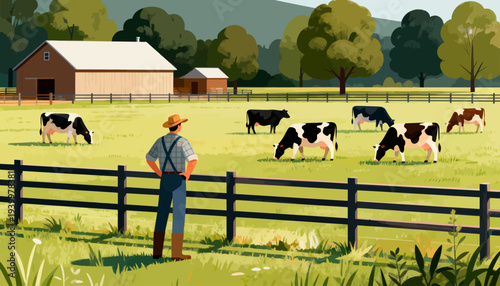 Farmer stands by fence, watching cows graze peacefully. Sunlit pasture stretches wide, framed by trees and barn. Cows eat grass, calm and content, under clear blue sky. Farmer wears hat and overalls