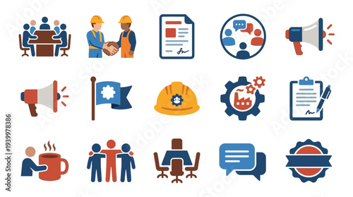 Collection of flat icons representing business, teamwork, and industrial concepts, including meetings, agreements, and safety.