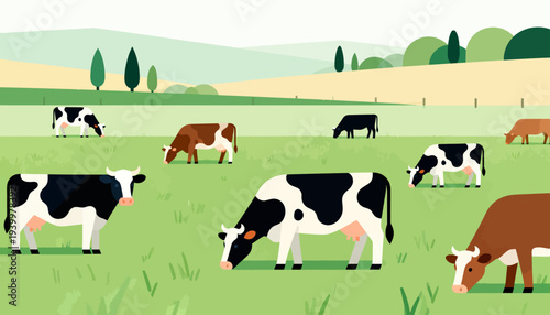 Cows graze peacefully in a sunlit pasture. Green hills roll gently behind the field. Trees dot the horizon, adding depth to the scene. Animals eat calmly, heads low to the grass