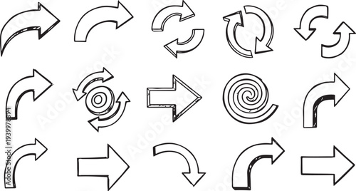 Set of black and white circular and curved arrows circular arrows