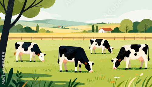 Cows graze peacefully in a sunlit pasture. Trees frame the scene with soft green foliage. Distant farmhouse rests in gentle hills. The animals appear calm and content