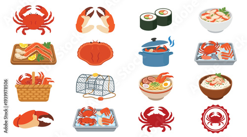 A collection of diverse crab and seafood illustrations, showcasing various preparations and culinary presentations.
