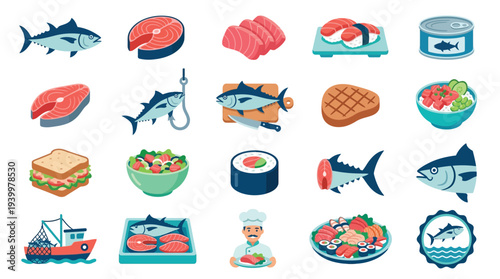 A vibrant collection of seafood and fish dishes, including raw fish, sushi, canned tuna, grilled steak, and a chef presenting a meal.