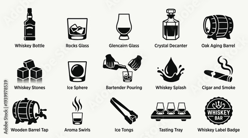 Collection of black and white icons representing various elements associated with whiskey, including bottles, glasses, barrels, and accessories.