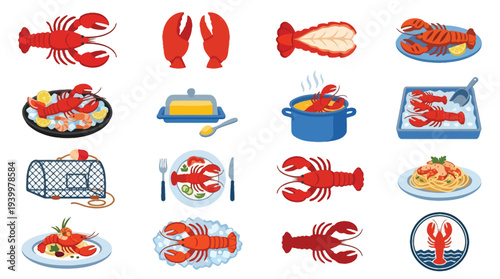 Collection of Lobster Illustrations: From Whole Crustaceans to Prepared Dishes and Culinary Tools.