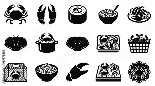 Collection of black and white icons representing various crab-related food items and fishing equipment.