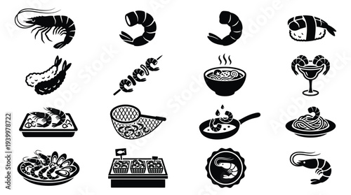 Collection of black and white icons representing various shrimp dishes and preparations, including whole shrimp, cooked shrimp, and shrimp in meals.