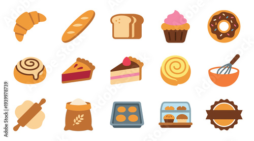 A vibrant collection of baked goods and baking tools, including croissants, bread, pies, cupcakes, donuts, and essential kitchen equipment.