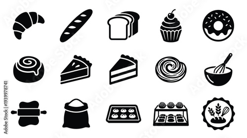 A collection of black and white icons representing various baked goods and baking tools, including croissants, bread, donuts, pies, cupcakes, and kitchen utensils.