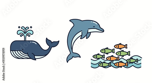 Whale, dolphin, and school of fish illustration