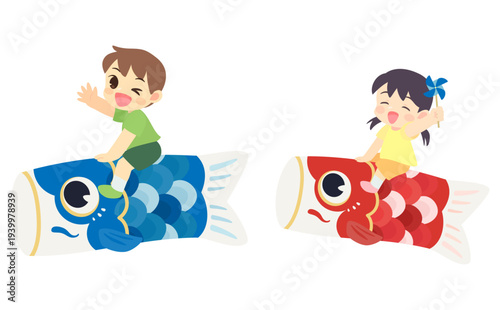 こどもの日イラスト_鯉のぼりに乗る子供たち