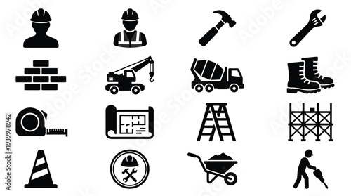 A collection of black and white icons representing various construction tools, equipment, and safety gear.