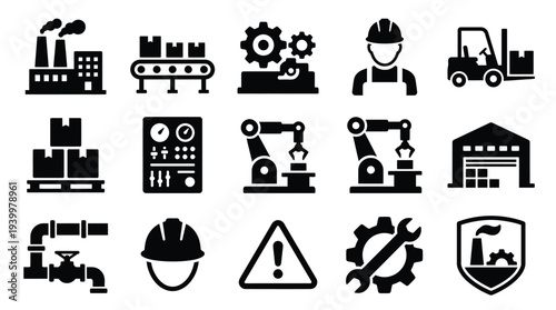 Collection of industrial icons representing manufacturing, automation, logistics, and safety in a factory setting.