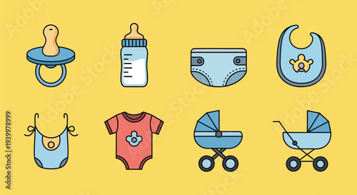 Baby items including stroller, clothes, and bottle