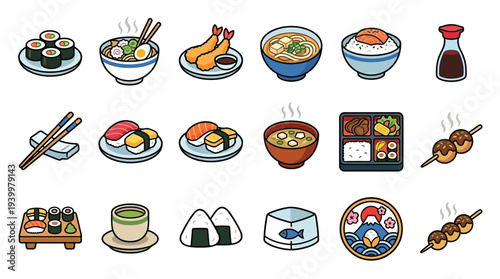 A vibrant collection of Japanese food illustrations, showcasing a variety of popular dishes and beverages.
