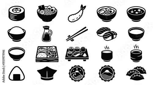 A collection of black and white Japanese food icons, including sushi, ramen, tempura, and bento boxes, presented in a grid layout.