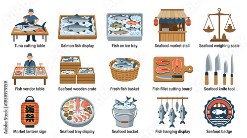 Collection of illustrations depicting various elements of a seafood market, including vendors, displays, and tools.