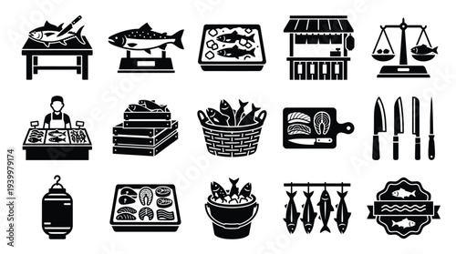 Collection of black and white icons representing various aspects of the fish market industry, including fish displays, vendors, and tools.