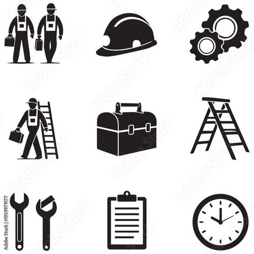 Black icons of construction workers and tools on white background