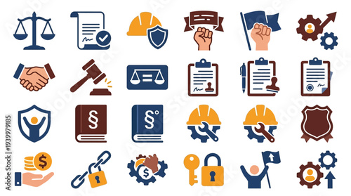 A collection of icons representing legal rights, labor laws, safety regulations, and worker protections.