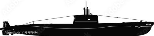 Black submarine silhouette illustration isolated on white background representing naval military vessel, underwater warfare technology, maritime defense, ocean patrol concept design