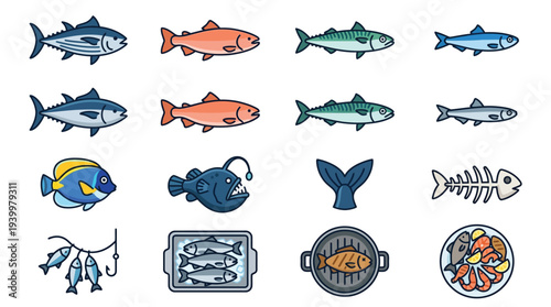 A collection of diverse fish illustrations, including whole fish, fish skeletons, grilled fish, and seafood dishes.