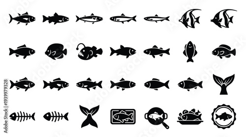 A comprehensive collection of diverse fish icons and illustrations, showcasing various species and aquatic life elements.