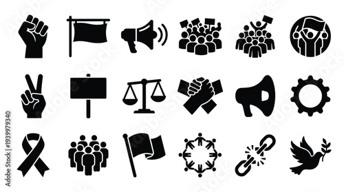 Collection of protest and activism icons, including fists, flags, megaphones, crowds, scales of justice, and doves.