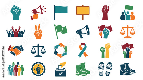 Collection of icons representing social justice, activism, human rights, and community engagement.