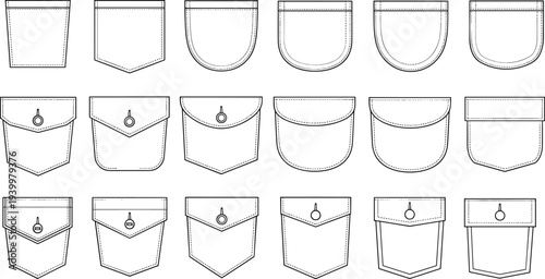 Clothing pocket technical flat sketch set various patch pocket designs for garments apparel sewing template outline vector illustration