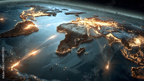 Ultra realistic global war economy concept with illuminated world map, glowing trade routes, defense industry investment visualization, cinematic lighting, commercial editorial style