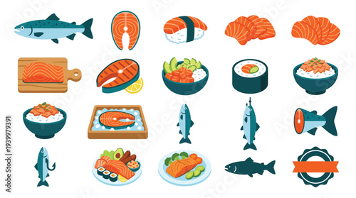 A vibrant collection of salmon-themed food illustrations, showcasing various preparations from raw fillets to cooked dishes and sushi.