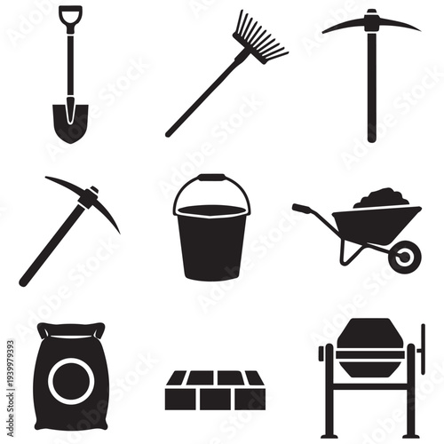 Set of construction tools and equipment for gardening and mining