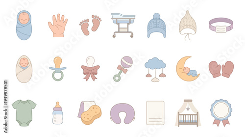 A collection of cute, pastel-colored illustrations of baby items and essentials, perfect for design projects.