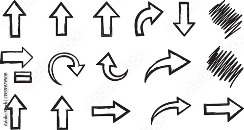 Set of black and white directional arrows and symbols