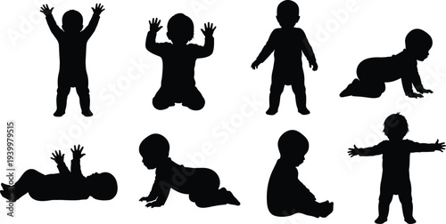 Collection of baby silhouettes in various poses including crawling, sitting and standing isolated on white background vector illustration set