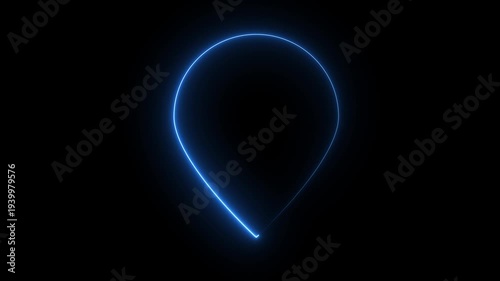 Abstract location glowing neon icon fast tracking map pin icon animation on black background.