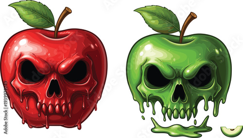 Creepy skull shaped red and green apples illustration, dripping horror fruit vector design isolated on white background for Halloween and spooky themes