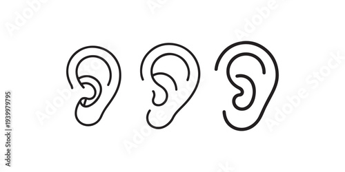 Human ear anatomy line icon set representing hearing sense and auditory system with three different styles of minimalist ear lobe illustrations on white