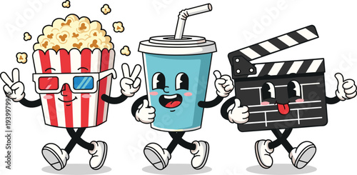 Cute popcorn, soda drink and movie clapperboard cartoon characters isolated on white background vector illustration for cinema and entertainment design