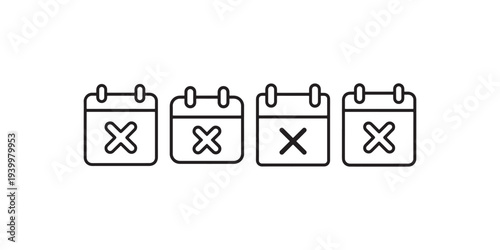 Set of four calendar icons with cross marks signifying cancelled or unavailable dates on white background simple vector art
